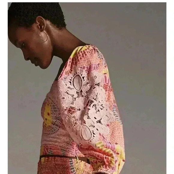 Farm Rio Anthropologie Embroidered Tropical Blouse Bananas L Long Sleeve Shirt - Picture 4 of 9